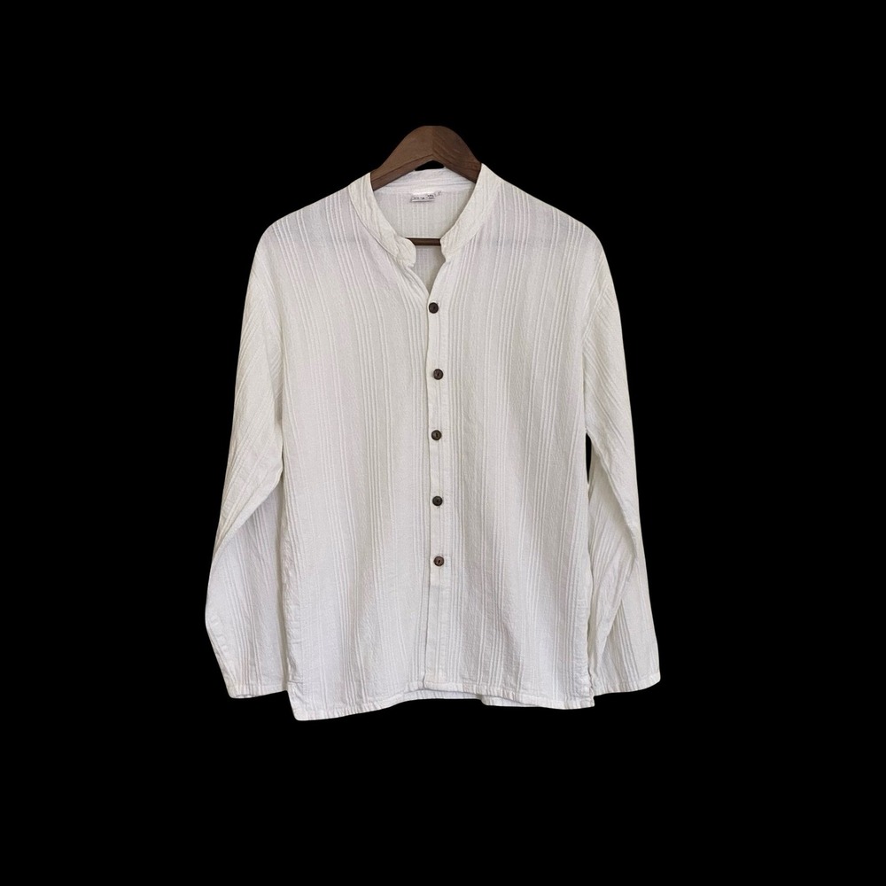 Shira Women's White Cotton Textured Button Front Top Size L Boho Blouse